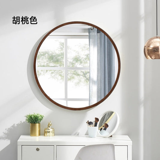【現貨】實木框浴室臥室圓形牆壁掛鏡 胡桃色 80cm