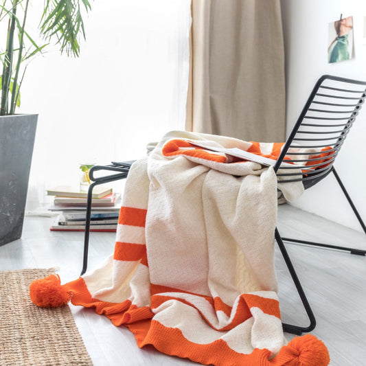 絨球流蘇 條紋針織沙發毯裝飾蓋毯午休毯 橘色條紋 家居飾品 裝潢房間佈置
