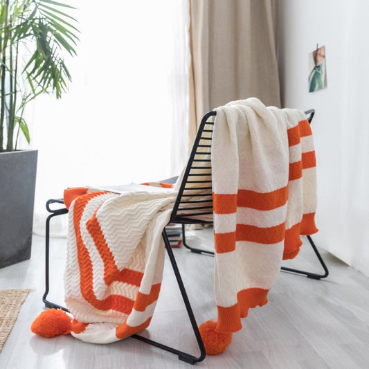 絨球流蘇 條紋針織沙發毯裝飾蓋毯午休毯 橘色條紋 家居飾品 裝潢房間佈置