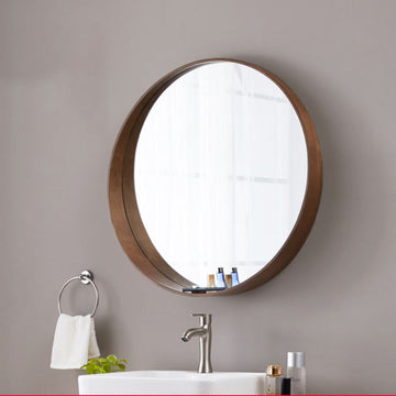 實木框圓形浴室掛鏡 帶前置物架